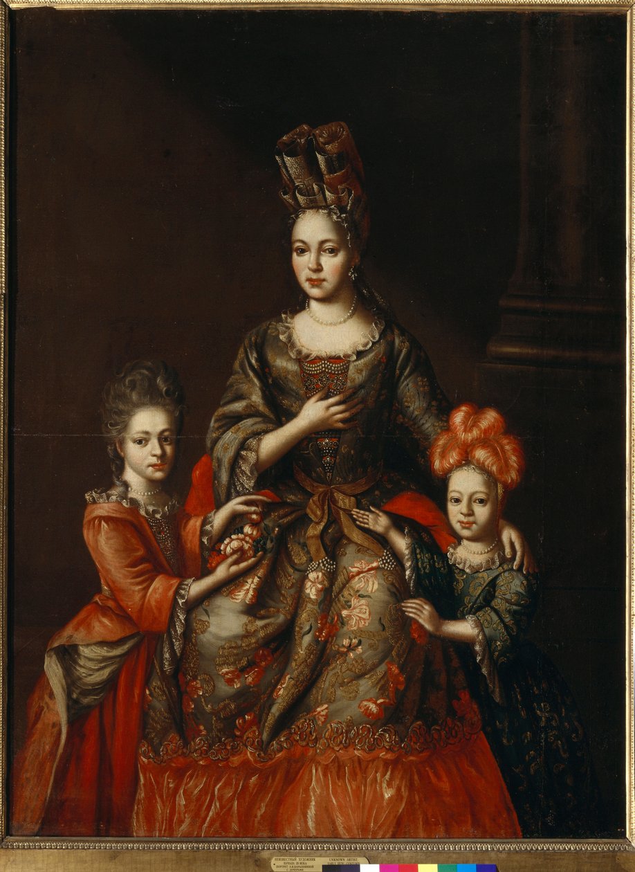 Portret van Anastasia Naryshkina, vrouw van de gouverneur van Sint-Petersburg, en haar dochters Alexandra en Tatyana (begin 18e eeuw) door Anonymous Anonymous