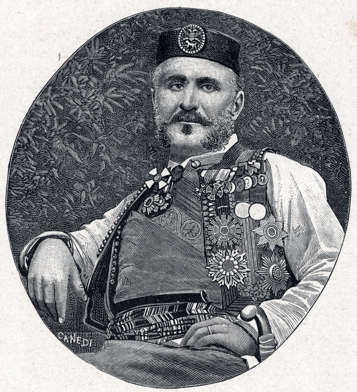 Portret van Nicolaas I van Montenegro (Nikola I Petrović-Njegoš) (1841-1921), Prins van Montenegro en de Berda. Gravure in “Les Missions Catholiques au XIXème Siècle” door Louis-Eugène Louvet. Privécollectie door Anonymous Anonymous