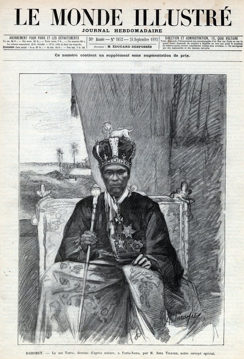 Portret van Tofa I (Toffa) (circa 1850-1908), koning van Dahomey (Benin) in Porto Novo (Porto-Novo). Een krant. Gravure in 