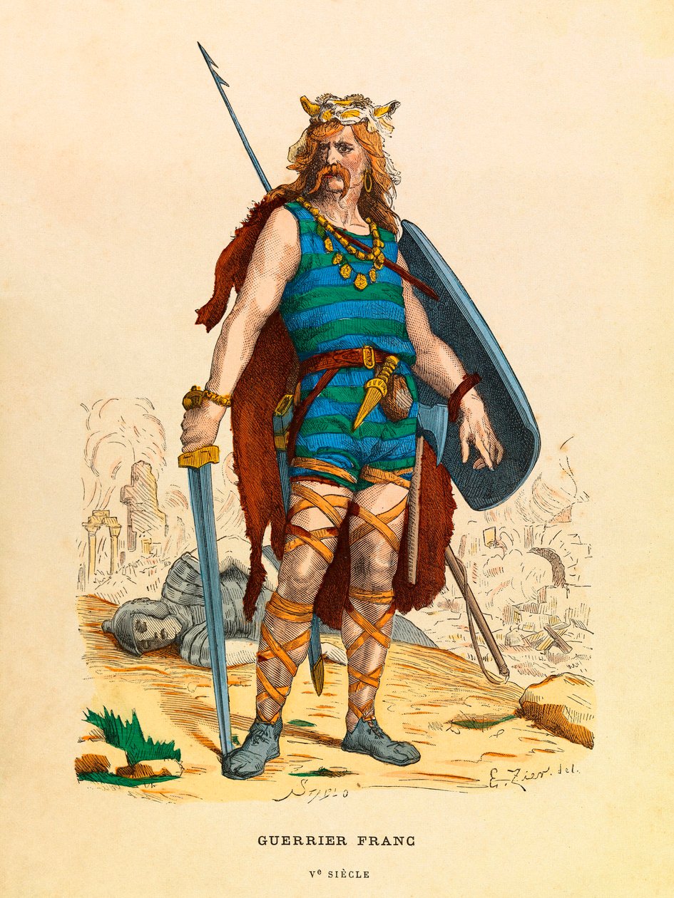 Portret van een Frankische krijger tijdens de Oudheid - Gravure - Privécollectie door Anonymous Anonymous