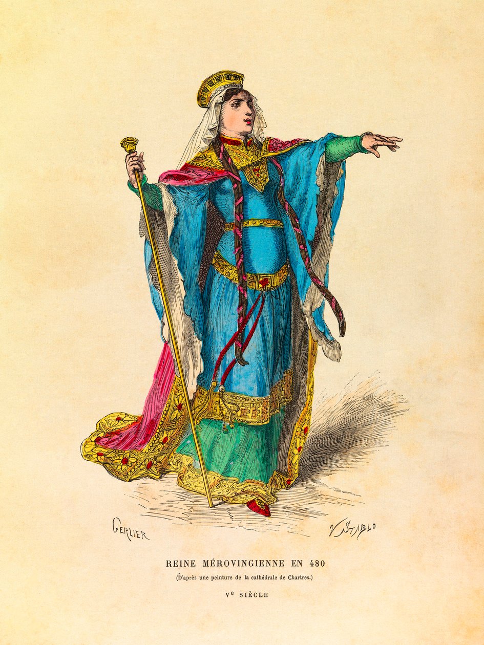 Portret van een Merovingische koningin in 480 na Christus (gravure) - privécollectie door Anonymous Anonymous