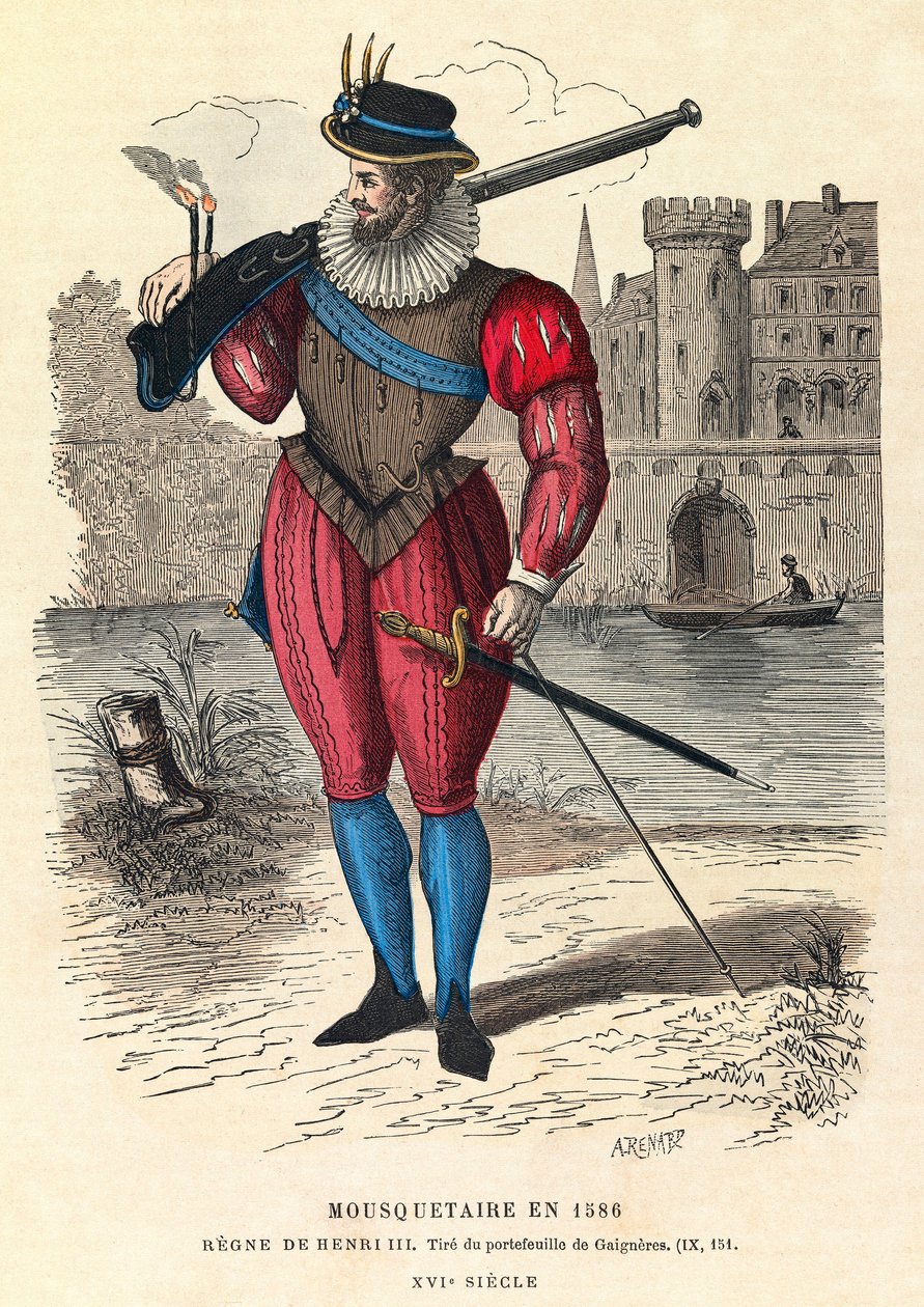 Portret van een musketier in 1586 in Parijs (onder het bewind van koning Hendrik III), gravure, privécollectie - Musketier in Parijs door Anonymous Anonymous