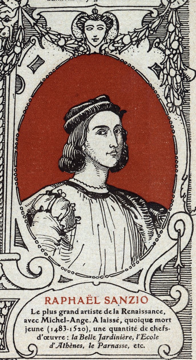 Portret van de Italiaanse renaissance schilder Raphael (Raffaello Sanzio 1483-1520). Gravure uit 1914. Privécollectie. door Anonymous Anonymous