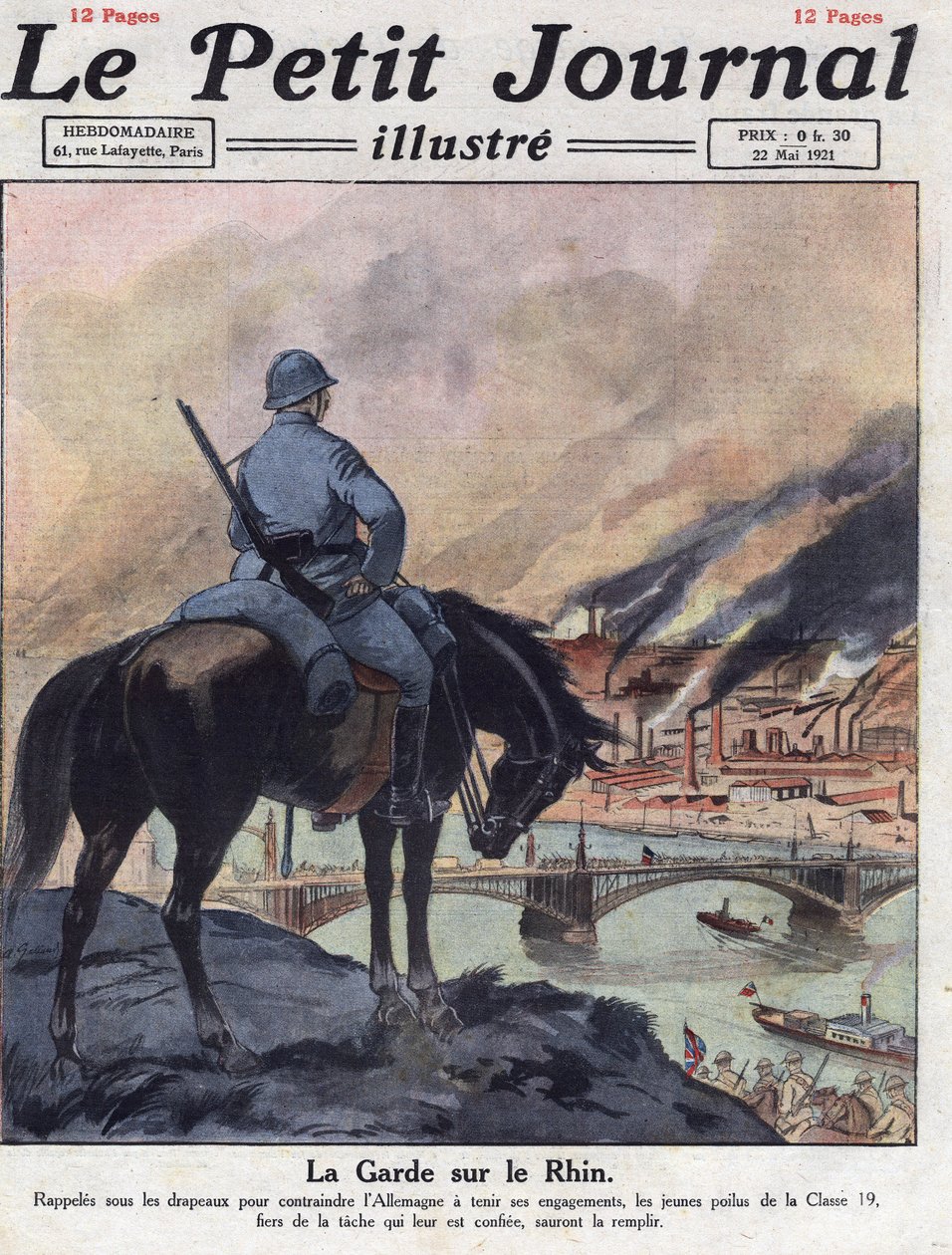 Na de oorlog: De voormalige mannen van de Eerste Wereldoorlog keren terug naar de Rijn om ervoor te zorgen dat Duitsland zijn toezeggingen nakomt die zijn gedaan op de Londense Conferentie. Illustratie uit 