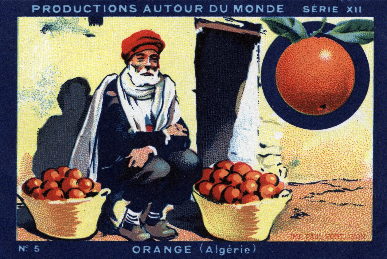 Producties over de hele wereld: Sinaasappel in Algerije. Chromolithografie uit 1933 in 