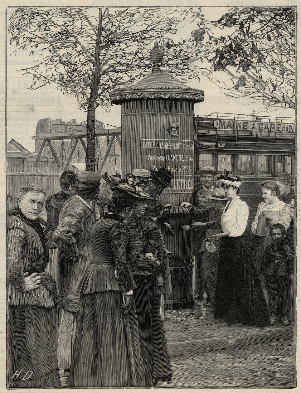 Openbare hygiëne: inwoners van Parijs gebruiken een van de gefilterde waterfonteinen geïnstalleerd in het 15e arrondissement. Deze fonteinen hebben een Chamberland Pasteur-systeemfilter. Gravure in 