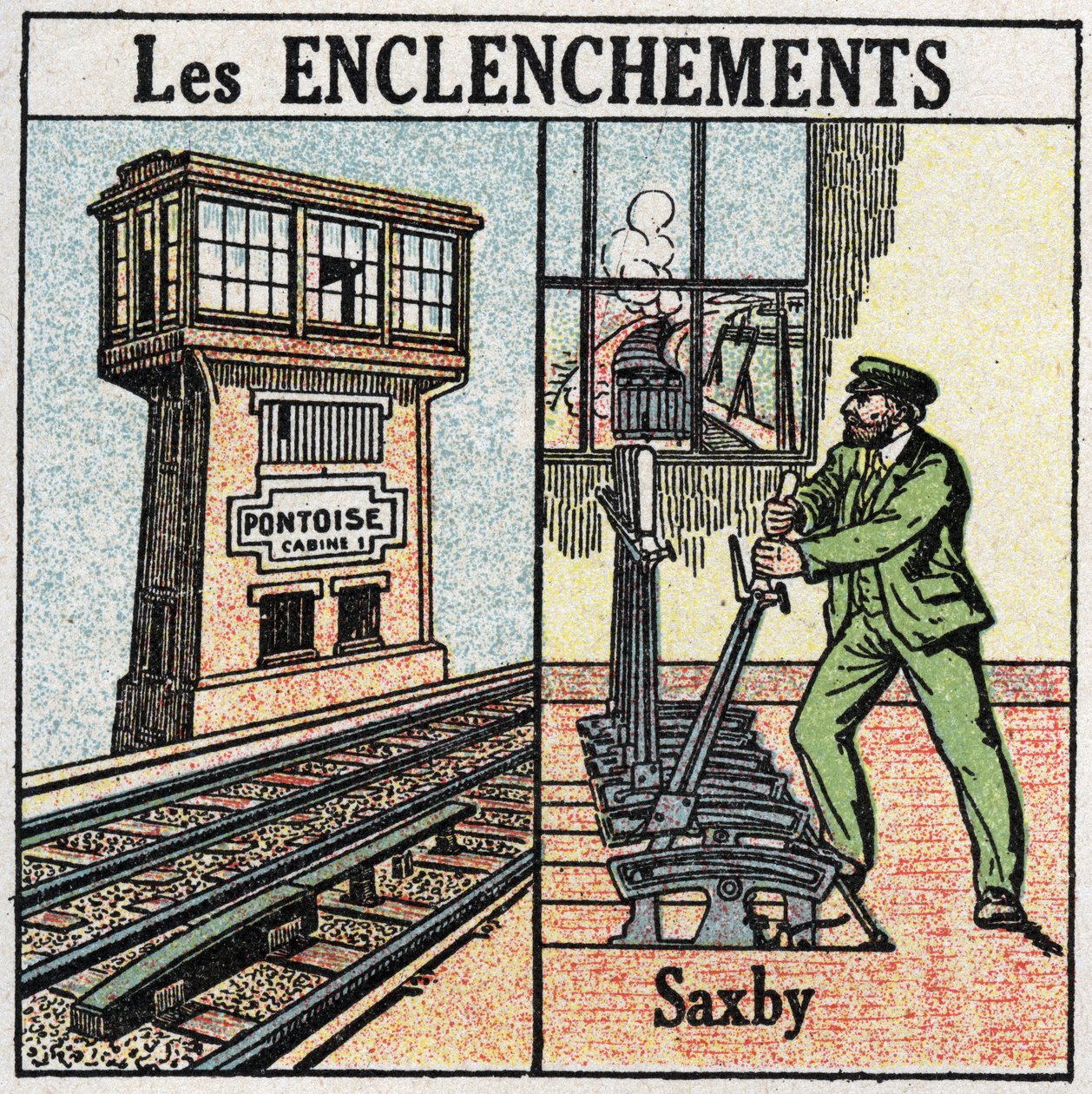 Spoorwegen: vergrendeling. Een spoorweg met een Saxby individuele hendelstation. Anonieme illustratie uit 1925. Privécollectie. door Anonymous Anonymous