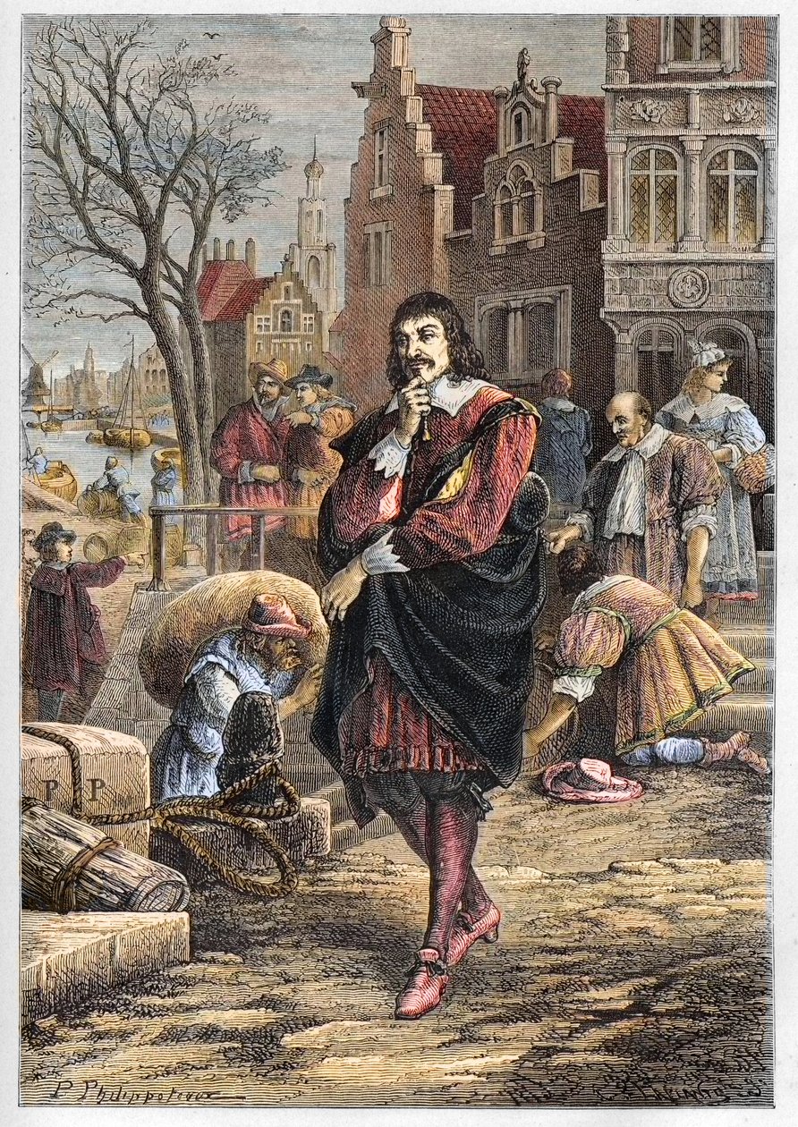 Rene Descartes (1596-1650), Franse filosoof en wiskundige wandelend door de straten van Amsterdam - Descartes in Amsterdam - gravure uit 