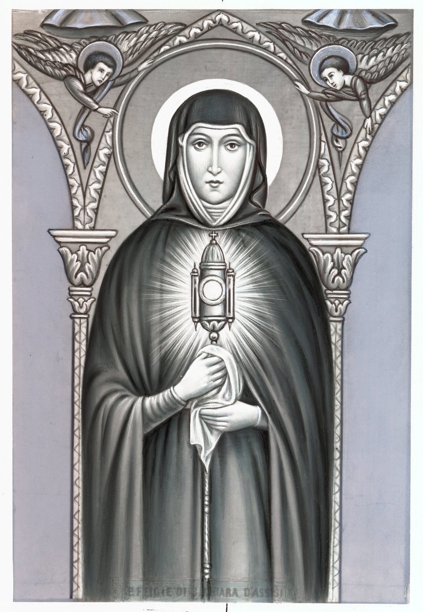 Voorstelling van Sint Clara (Chiara) van Assisi (c.1192-1253), stichter van de religieuze orde van de Clarissen. Vrome afbeelding. Begin 20e eeuw Privécollectie door Anonymous Anonymous
