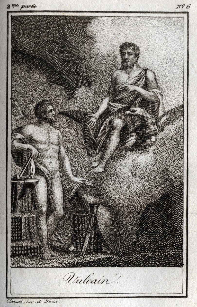 Voorstelling van Vulcanus, god van vuur, smederij en vulkanen. Gravure uit 1819 in 