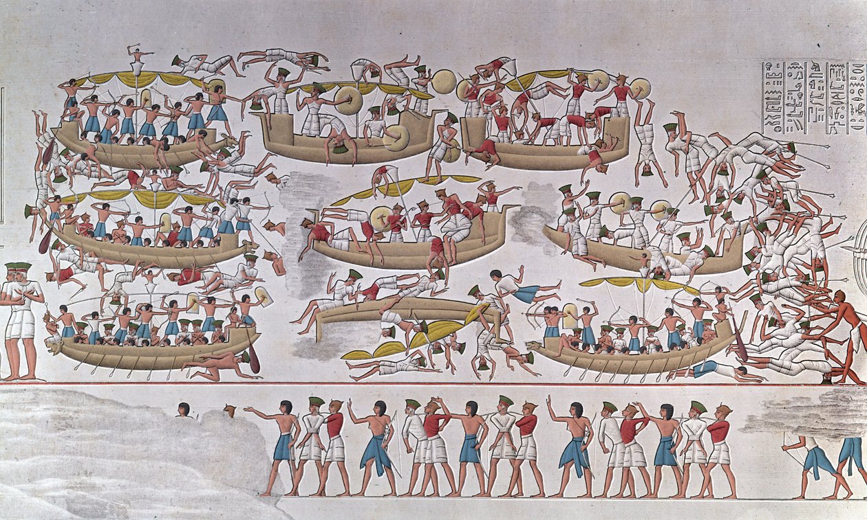 Voorstelling van de Slag bij de Nijl Delta tussen de legers van Ramses III en de Zeevolken. Van een reliëf in de dodentempel van Medinet Haboe, Egypte door Anonymous Anonymous