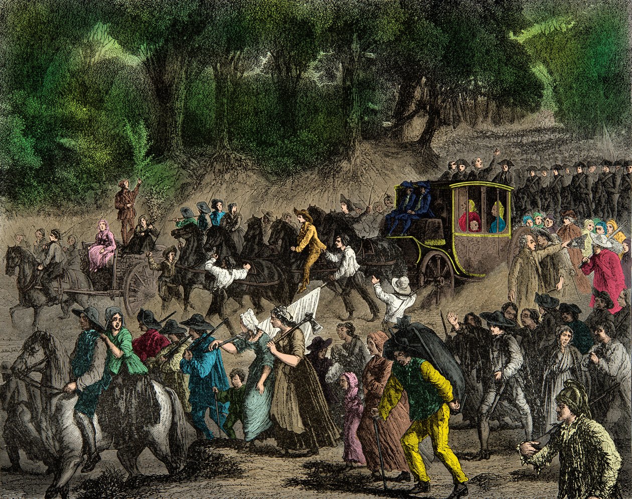 Terugkeer van de koninklijke familie naar Parijs na hun vlucht naar Varennes in 1791. Gravure. Privécollectie door Anonymous Anonymous
