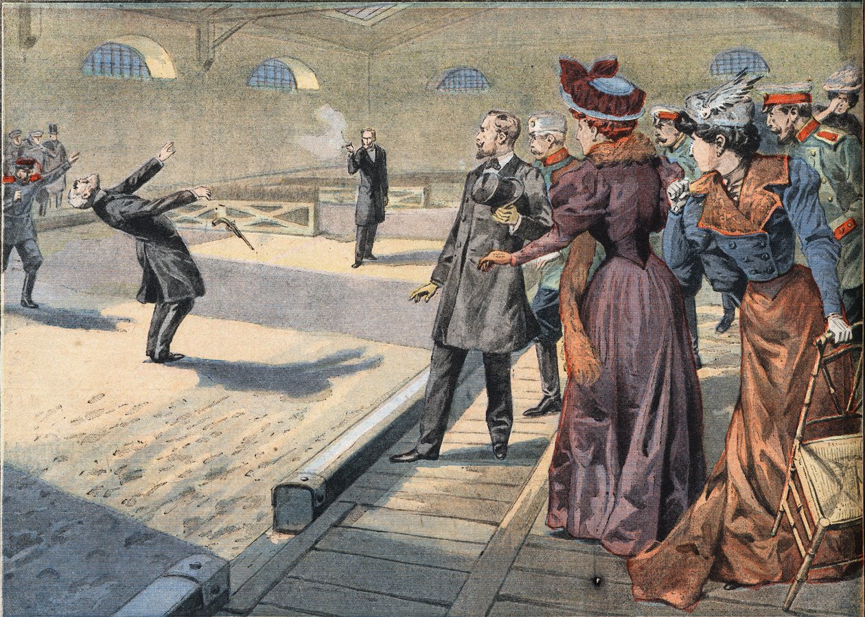 Russische generaals Smyrnoff en Fock vechten in een duel. Gravure uit de krant "Le Petit Parisien", 5/04/1908. Privécollectie. door Anonymous Anonymous