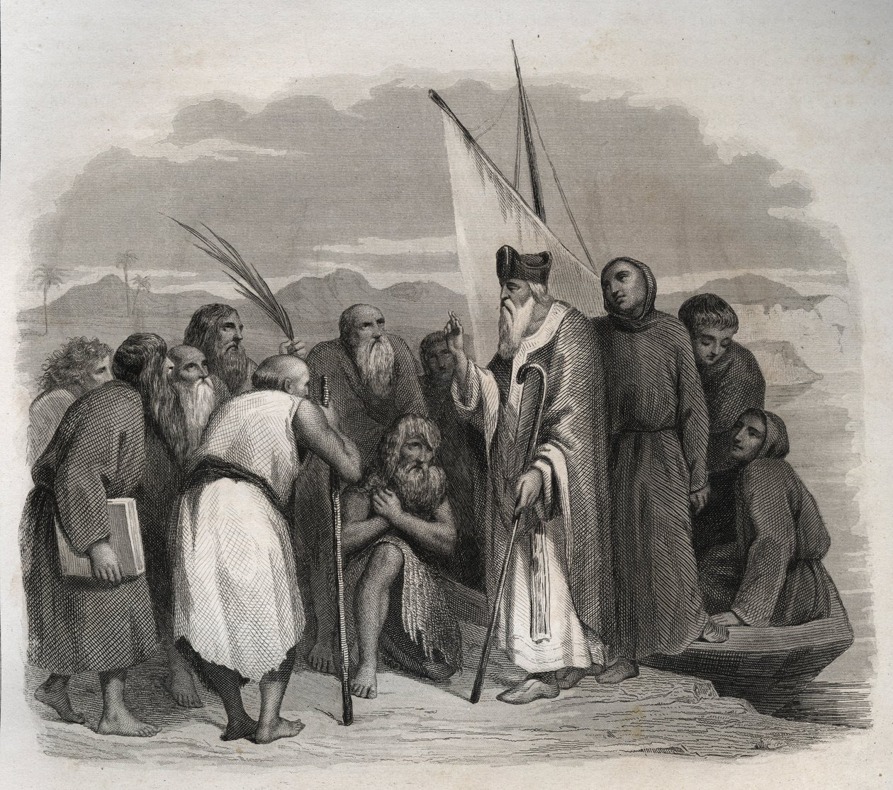 Saint Athanasius van Alexandrië (Athanasius de Grote) (295-373) bezoekt de kluizenaars van Egypte. Gravure uit 1846 in “Lives of the saints”. Privécollectie. door Anonymous Anonymous