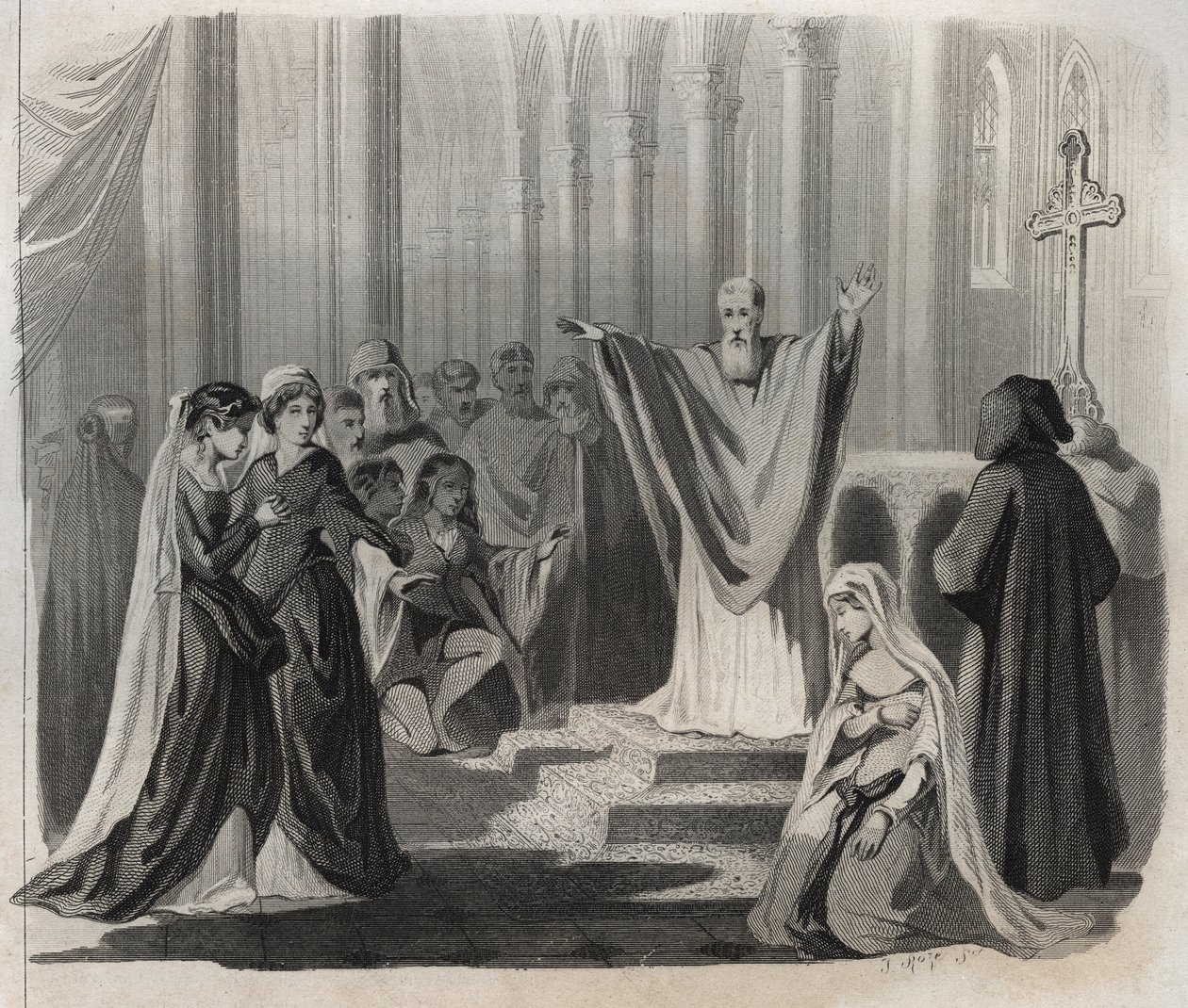 Saint Dunstan (ca. 909-988), bisschop van Canterbury, benedictijn en hervormer van het kloosterleven in Engeland, kondigt zijn naderende dood aan het volk aan. Gravure uit 1846 in “Lives of the saints”. Privécollectie. door Anonymous Anonymous
