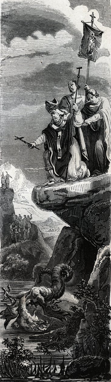 Saint Front (eerste evangelisator van de Perigord) (3e eeuw) stort de draak in de Dordogne - Gravure van 1846 in 
