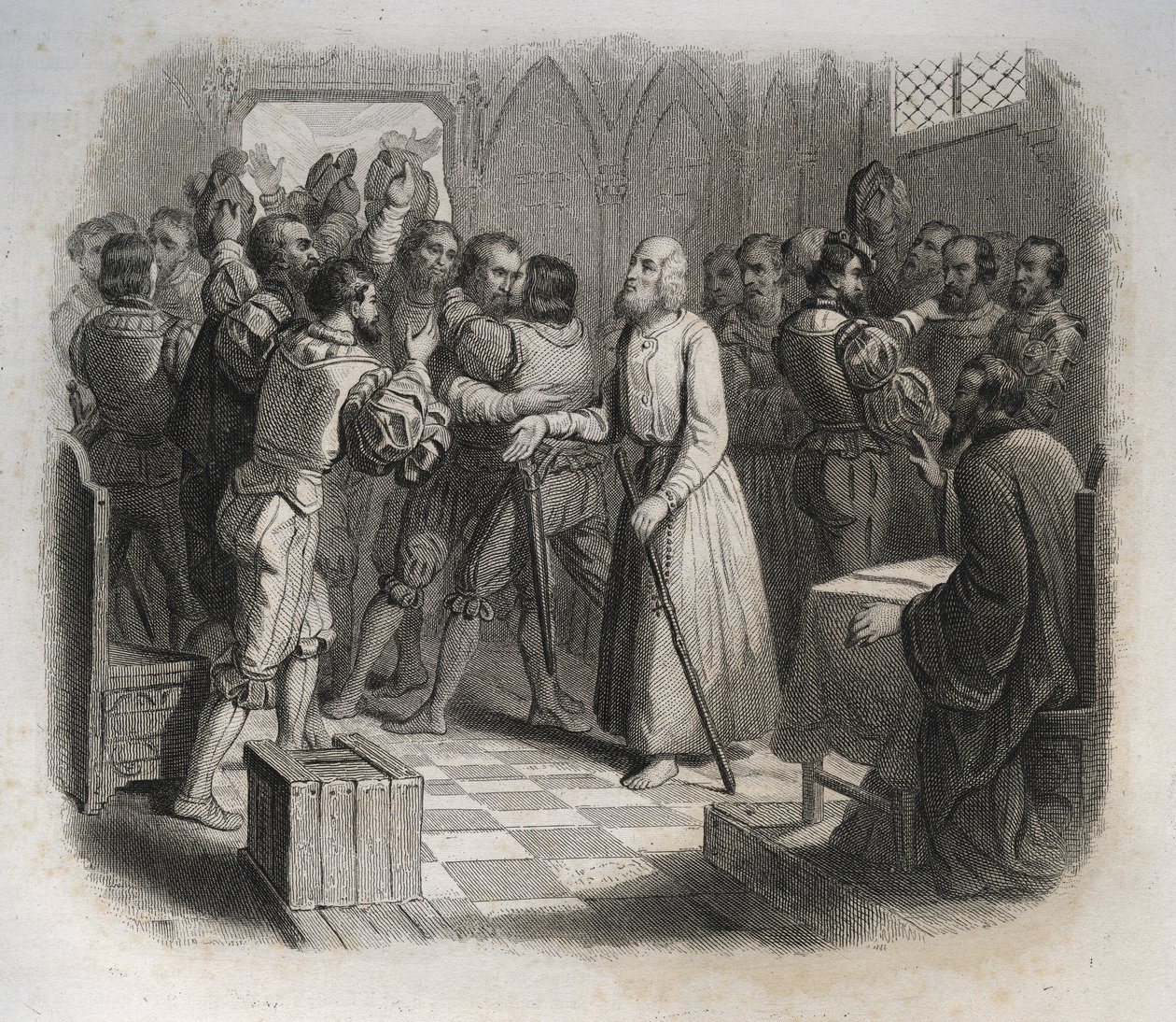 Sint Nicolaas van Flue of Broeder Klaus (1417-1487), een Zwitserse kluizenaar die de Zwitserse confederaties verzoende die op het punt stonden een burgeroorlog te beginnen. Gravure uit 1846 in Lives of the Saints. Privécollectie door Anonymous Anonymous