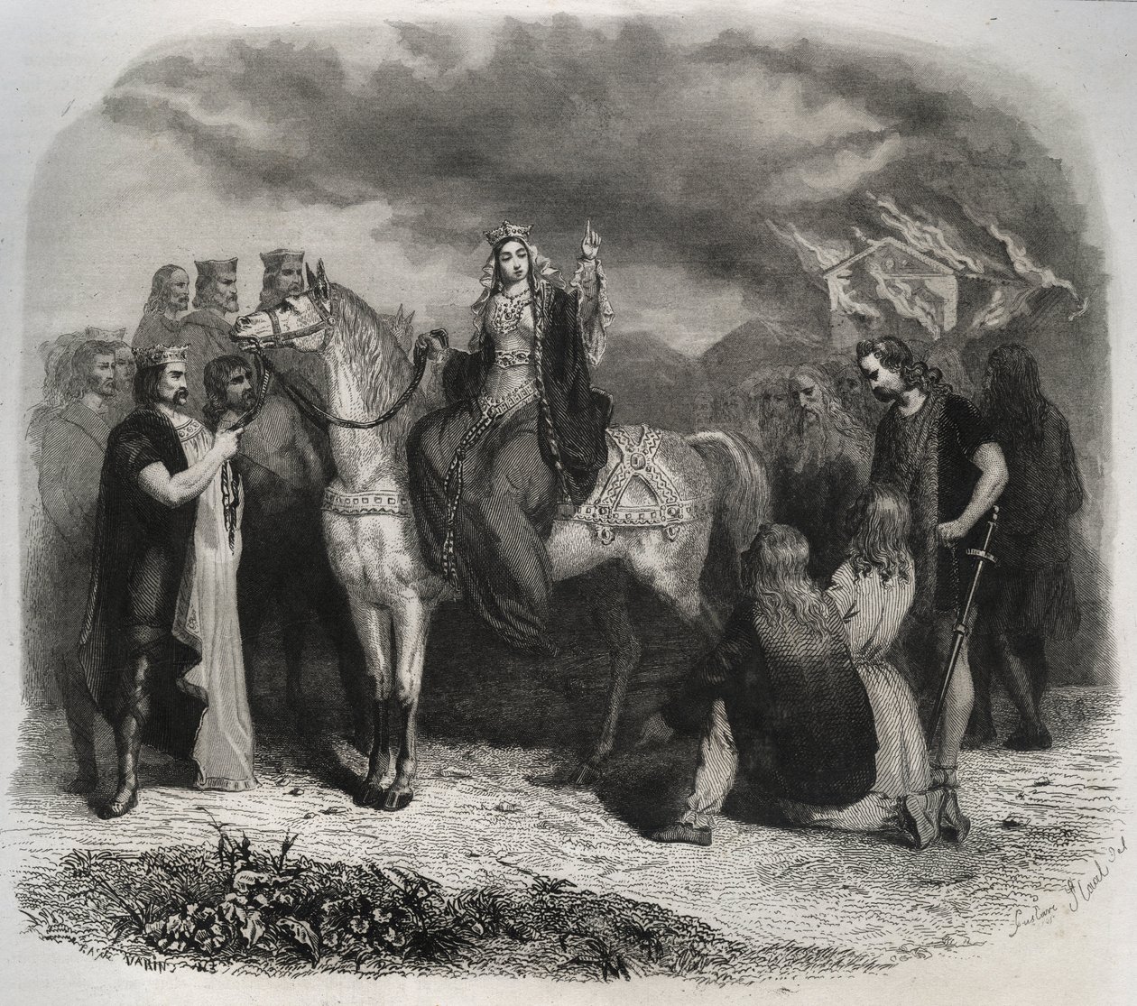 Sint Radegonde (Radegonde de Poitiers, 519-587) verbrandde een heidense tempel en bekeerde de Galliërs tot het christendom. Gravure uit 1846 in Lives of the Saints. Privécollectie door Anonymous Anonymous
