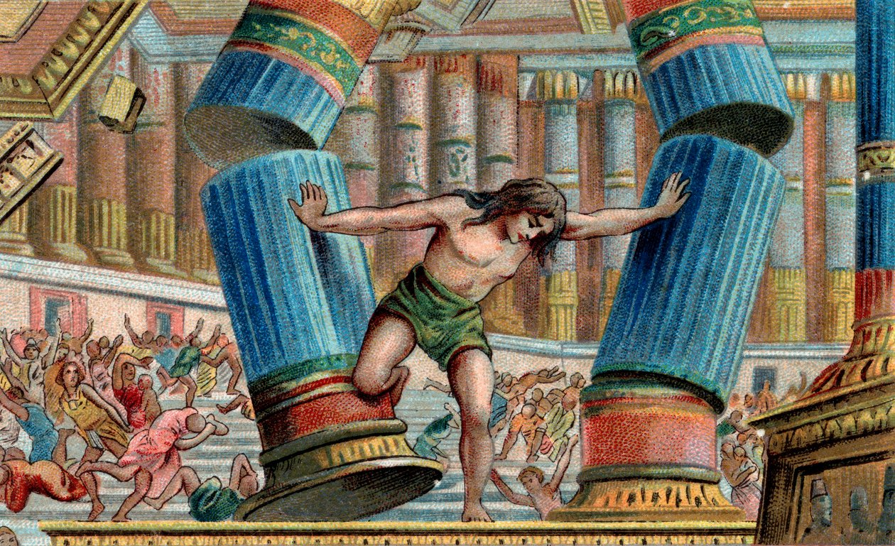 Simson brengt de Tempel van Dagon ten val - Chromolithografie - Privécollectie door Anonymous Anonymous