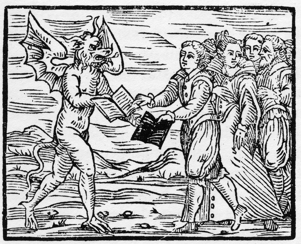Satan presenteert een zwart boek aan volgelingen in ruil voor het evangelieboek - 