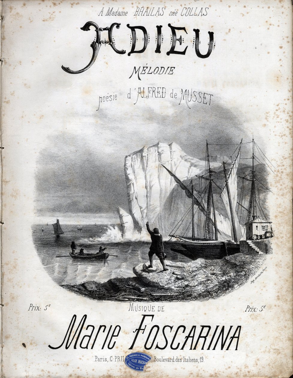 Partituur van de melodie “Farewell” door Marie Foscarina naar de poëzie van Alfred de Musset. Privécollectie. door Anonymous Anonymous