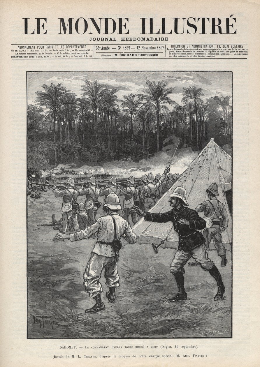 Tweede Dahomey-oorlog (1892-1894): dood van de Franse commandant Faurax tijdens de Slag bij Dogba op 19 september 1892 in Dahomey (nu Benin). Een krant. Gravure in “Le monde illustrée” van 1892. Privécollectie. door Anonymous Anonymous