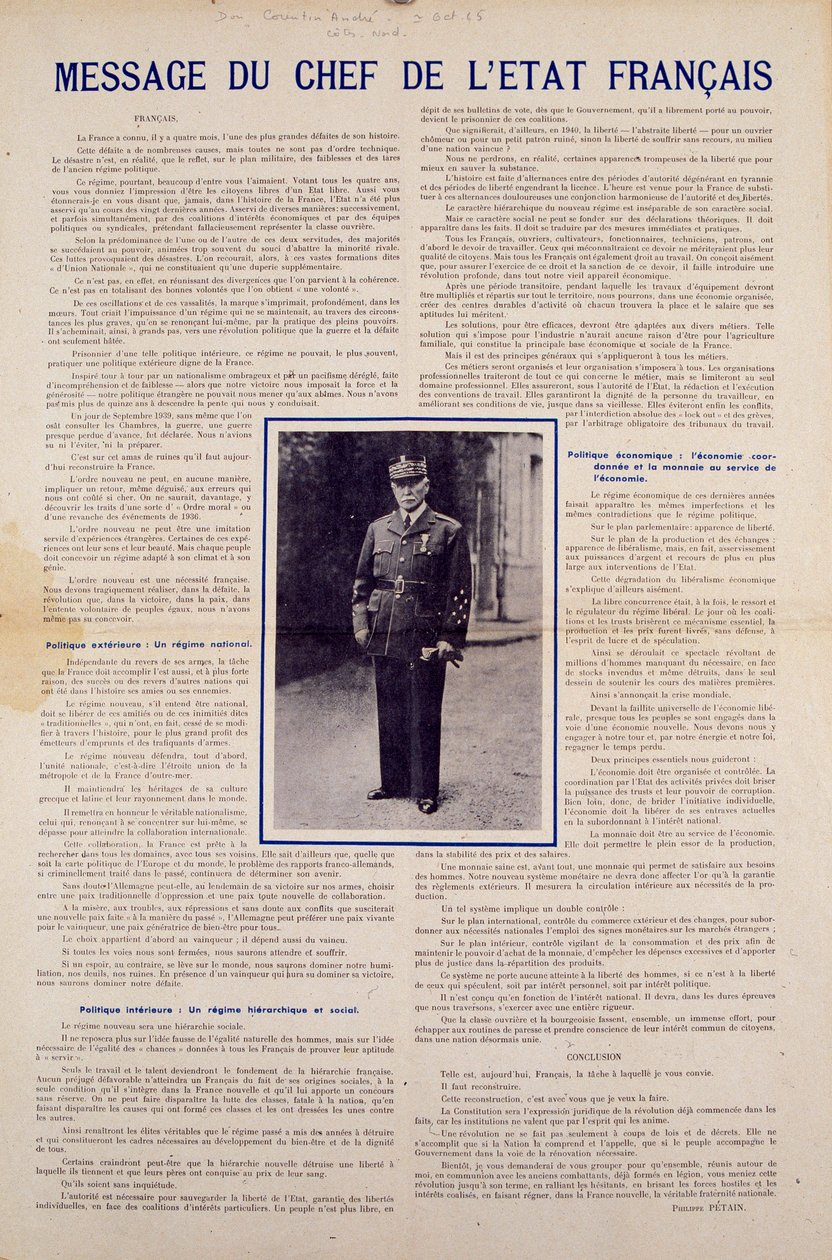 Tweede Wereldoorlog en Vichy-regime: boodschap van de Franse staatshoofd Philippe Pétain gepubliceerd na de wapenstilstand die door Frankrijk werd ondertekend in juni 1940 en het programma van de Nationale Revolutie presenteert, herfst 1940. Privécollectie door Anonymous Anonymous