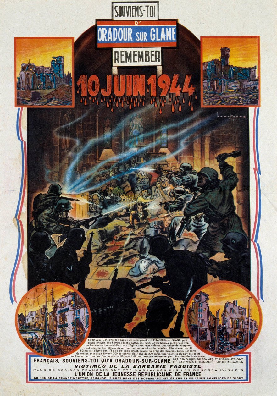 Tweede Wereldoorlog: poster ter herdenking van het bloedbad van Oradour-sur-Glane (Oradour sur Glane) in Haute-Vienne op 10/06/1944. Dit dorp werd vernietigd na de gevangenneming van twee Duitse officieren door de verzetsstrijders. 1944 Parijs, Museum van  door Anonymous Anonymous