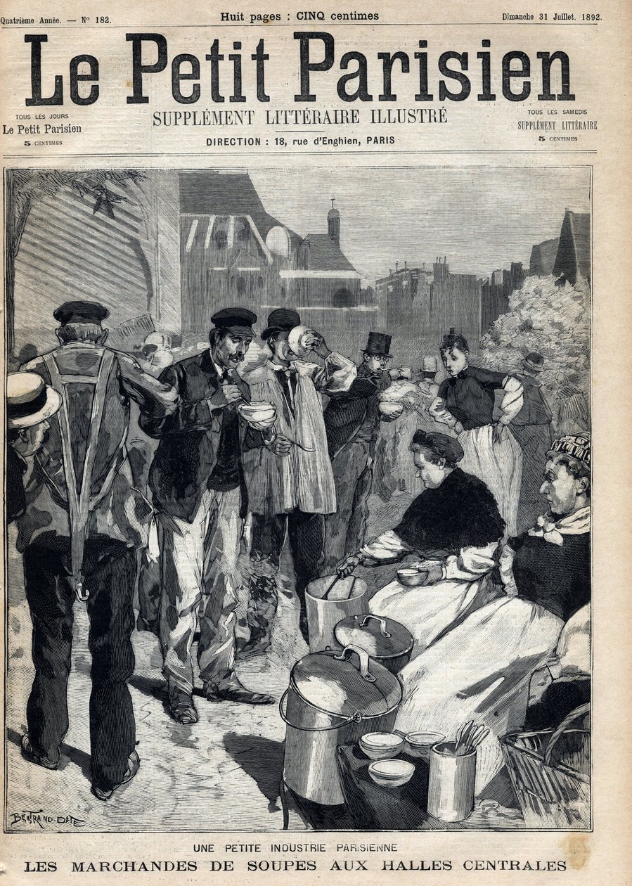 Kleine Parijse industrie: soepverkopers op de centrale markten. Gravure. Uit de krant 