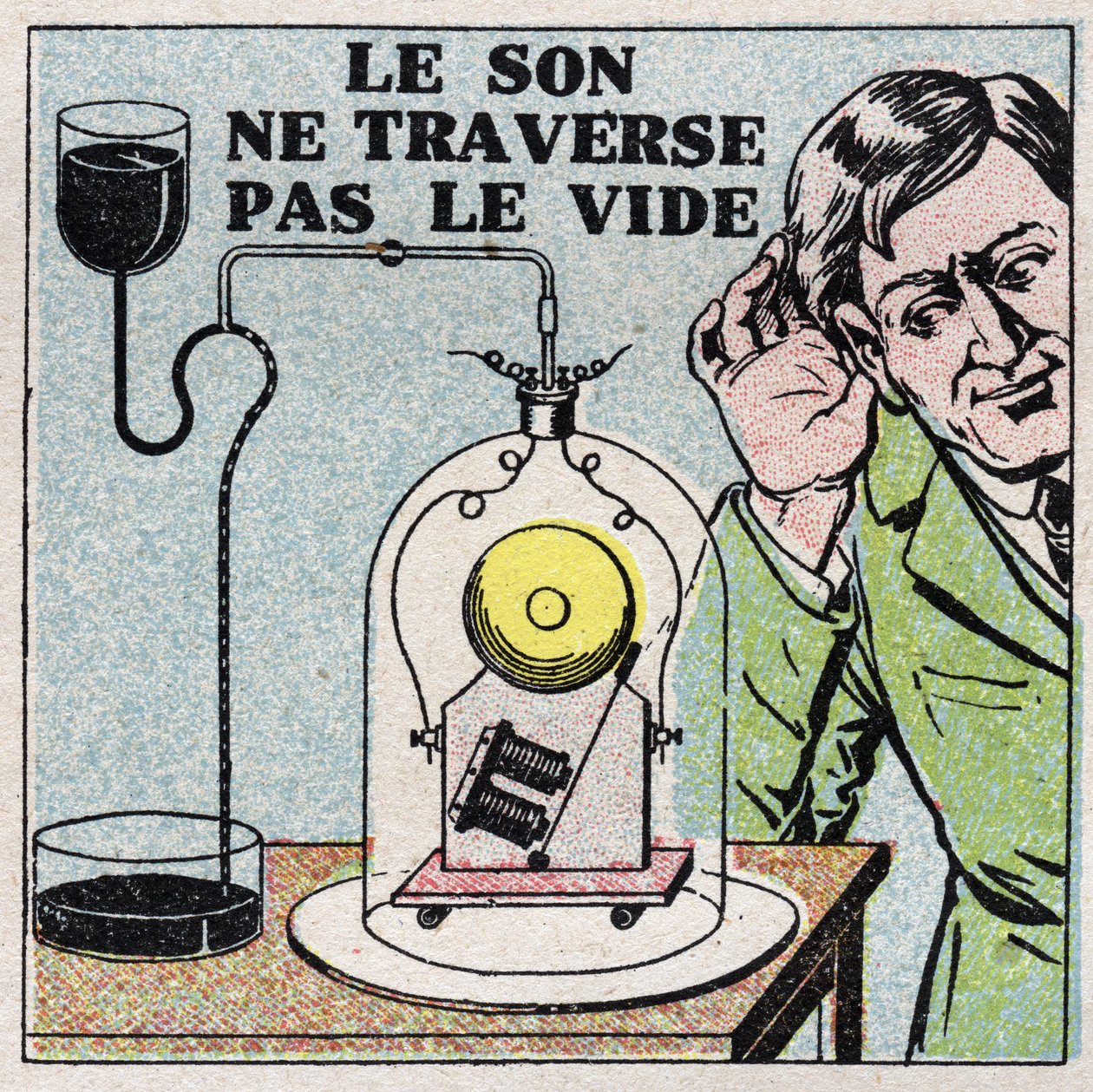 Geluidsenergie: geluid verspreidt zich niet in een vacuüm. We plaatsen een elektrische bel in een gesloten bel en dan legen we deze. Anonieme illustratie uit 1925. Privécollectie. door Anonymous Anonymous