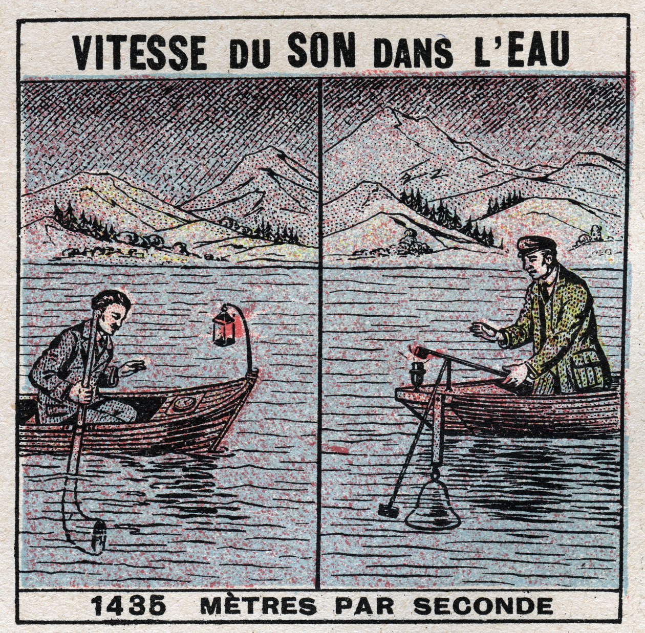 Geluidsenergie: snelheid van geluid in water. Ervaring van 1826-1827 door Jean Daniel (Jean-Daniel) Colladon (1802-1893) en Charles Francois Sturm (1803-1855) op het Meer van Genève (Lac Léman). Twee boten aangemeerd 14 km uit elkaar, een van de boten onde door Anonymous Anonymous