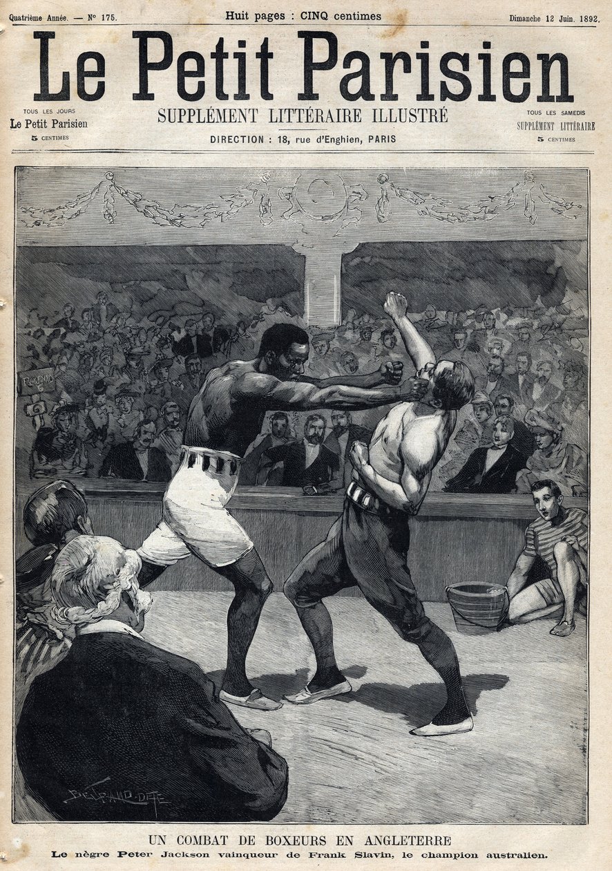 Bokswedstrijd in Engeland tussen Peter Jackson en de Australische kampioen Frank Slavin. Gravure. Uit de krant 
