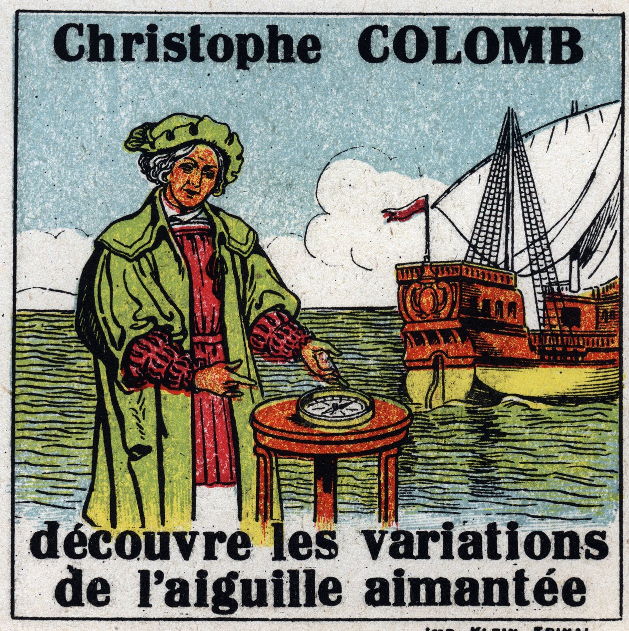 Aardmagnetisme: Christoffel Columbus (1451-1506) ontdekt de variaties van de magnetische naald van een kompas tijdens zijn reis naar Amerika in 1492. Anonieme illustratie uit 1925. Privécollectie. door Anonymous Anonymous