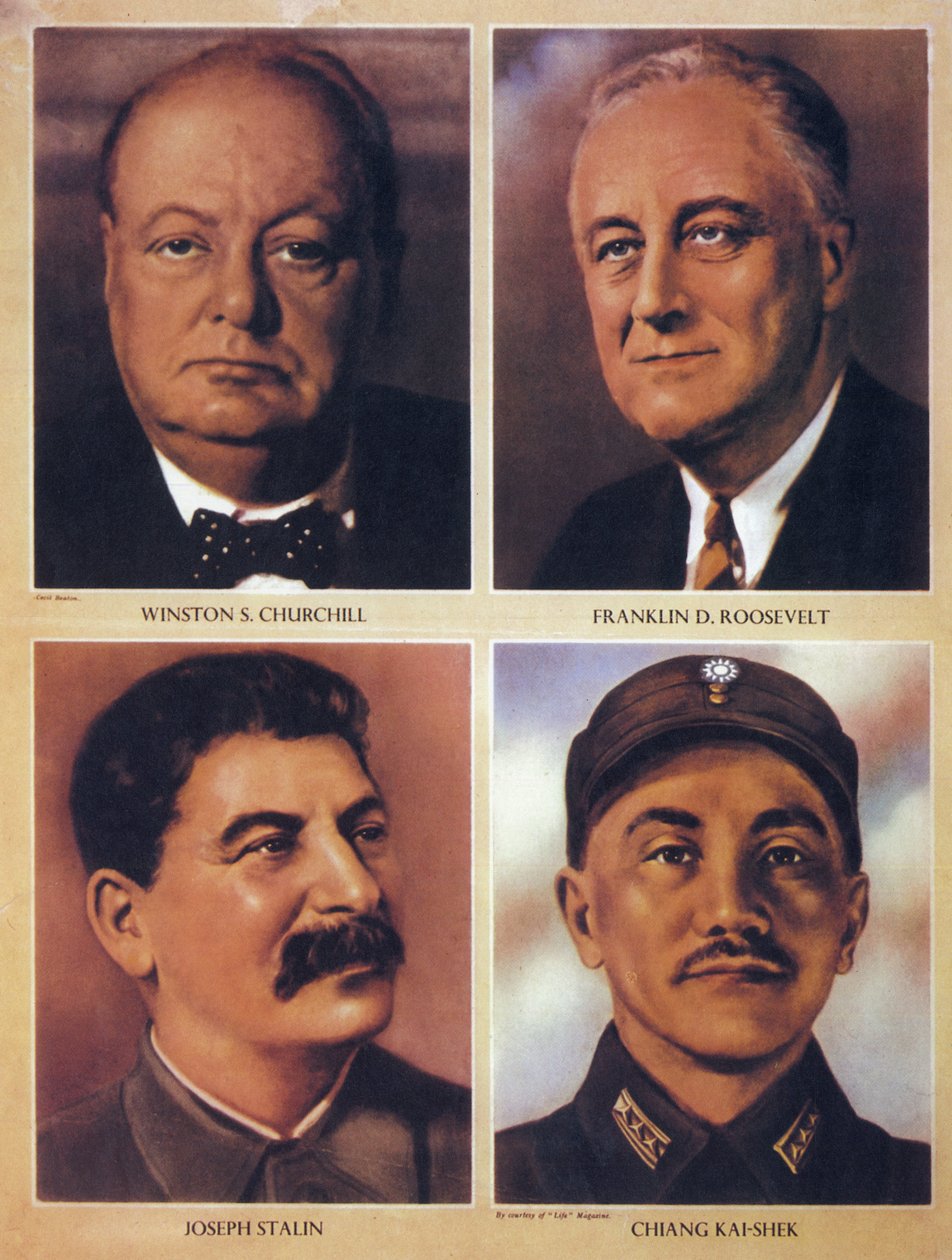 De Geallieerde leiders van de Tweede Wereldoorlog - Winston Churchill, Franklin Delano Roosevelt, Joseph Stalin en Chiang Kai Shek - 1943 door Anonymous Anonymous