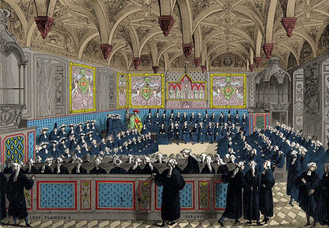 De vergadering van het Parlement in 1787 in aanwezigheid van koning Lodewijk XVI, gravure, privécollectie door Anonymous Anonymous