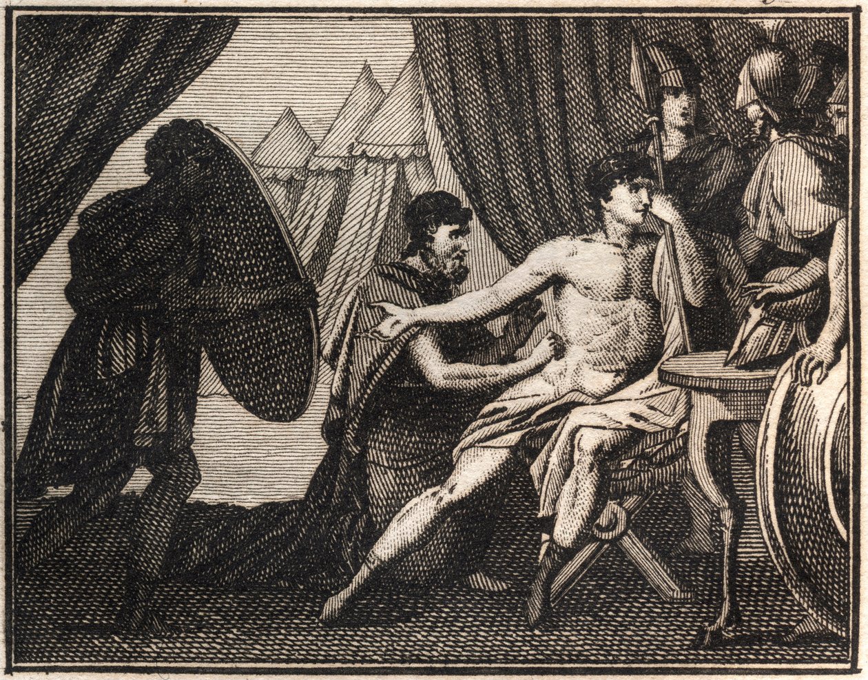 De dood van Epaminondas (na de slag tegen de Spartanen bij Mantineia 362 v.Chr.). Gravure uit 