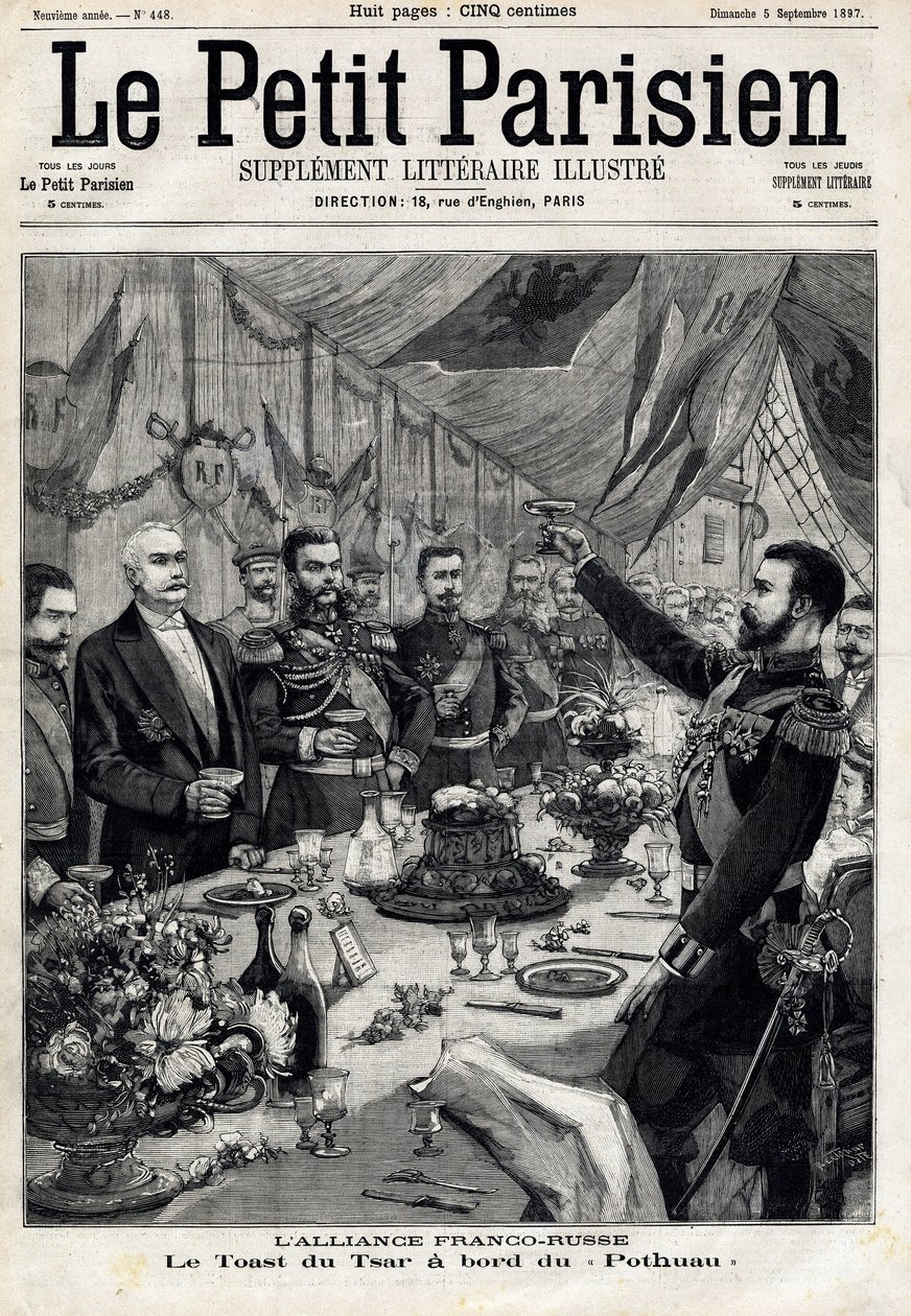 De Frans-Russische alliantie: de toost van tsaar Nicolaas II ter ere van de Franse president Felix Faure aan boord van de Pothau. In 