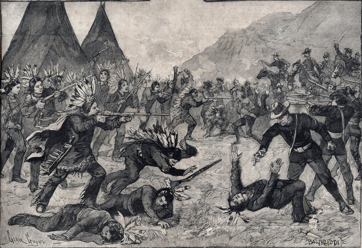 De opstand van de Indianen in de Verenigde Staten: een gevecht tussen Sioux-indianen en Amerikaanse troepen. Gravure in 