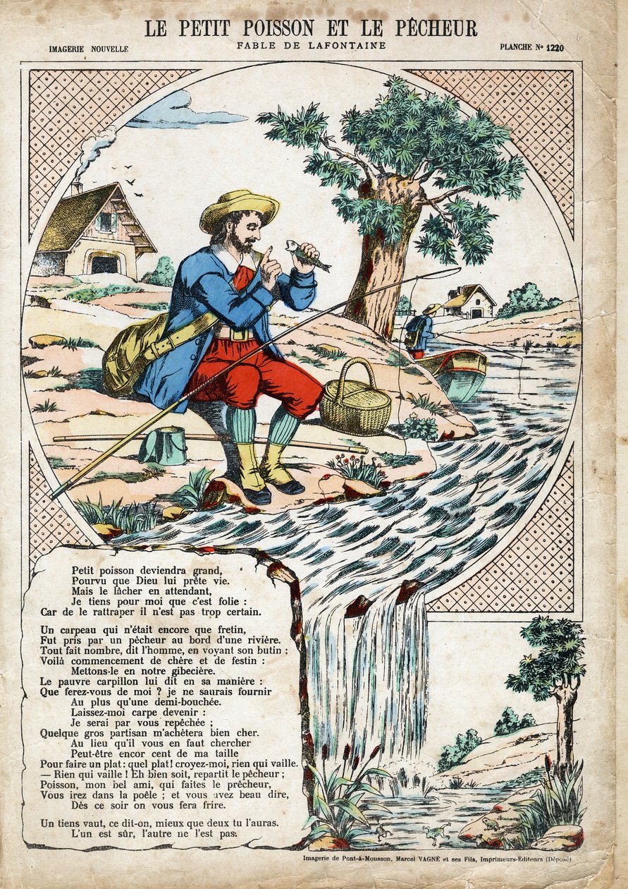 De kleine vis en de visser. Anonieme illustratie voor Les Fables door Jean de La Fontaine (1621-1695). Beeldvorming van Pont-a-Mousson, circa 1880. Privécollectie. door Anonymous Anonymous