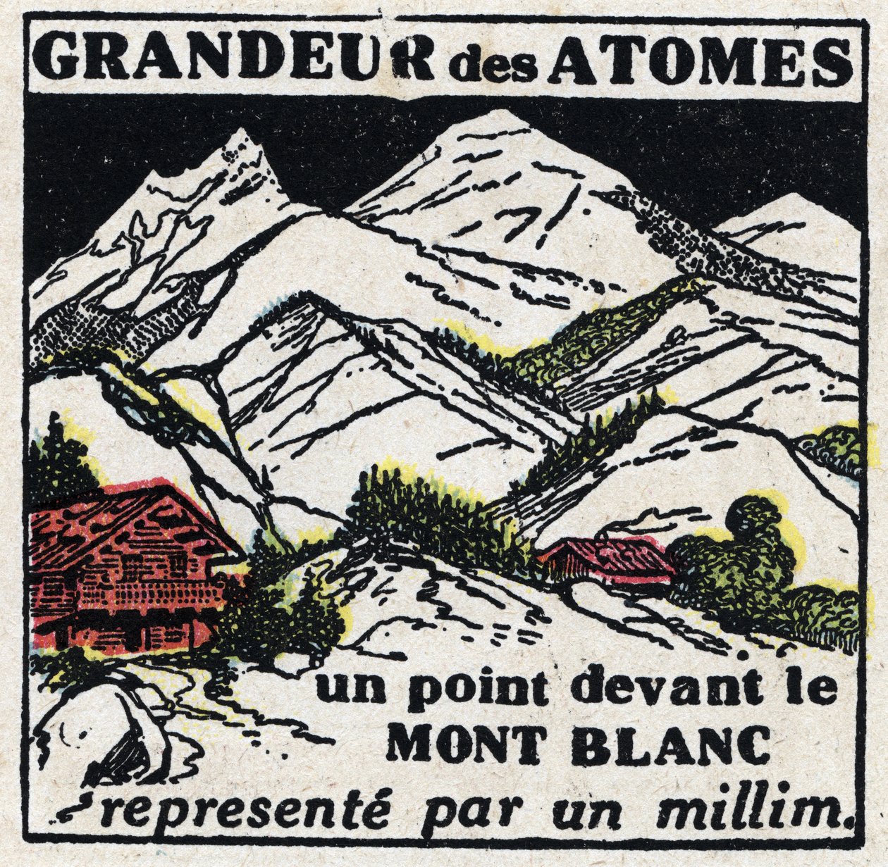 Het atoom en de wetenschap: de grootte van atomen. Een punt voor de Mont Blanc vertegenwoordigd door een millimeter. Anonieme illustratie uit 1925. Privécollectie. door Anonymous Anonymous