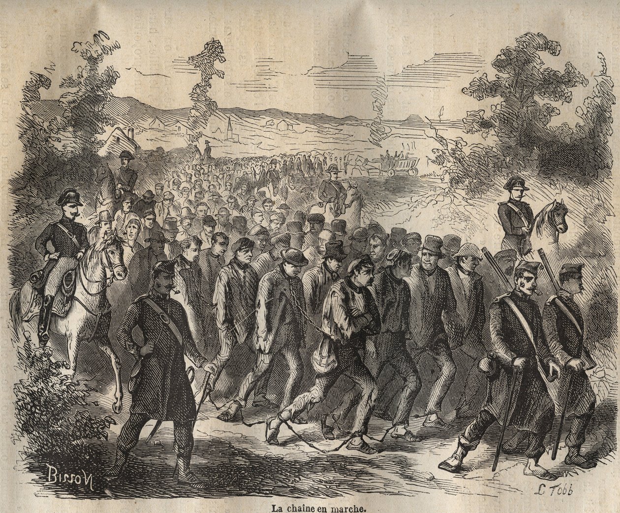 De keten begon in de Toulon Bagne in de 19e eeuw. Gravure in Histoire des bagnes depuis leur création à nos jours (1877) door Pierre Zaccone. Privécollectie. door Anonymous Anonymous