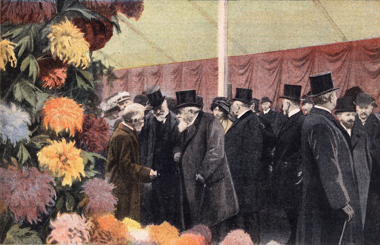 Het chrysanthemenfeest: officiële chrysanthemententoonstelling. Gravure. Een van de kranten 