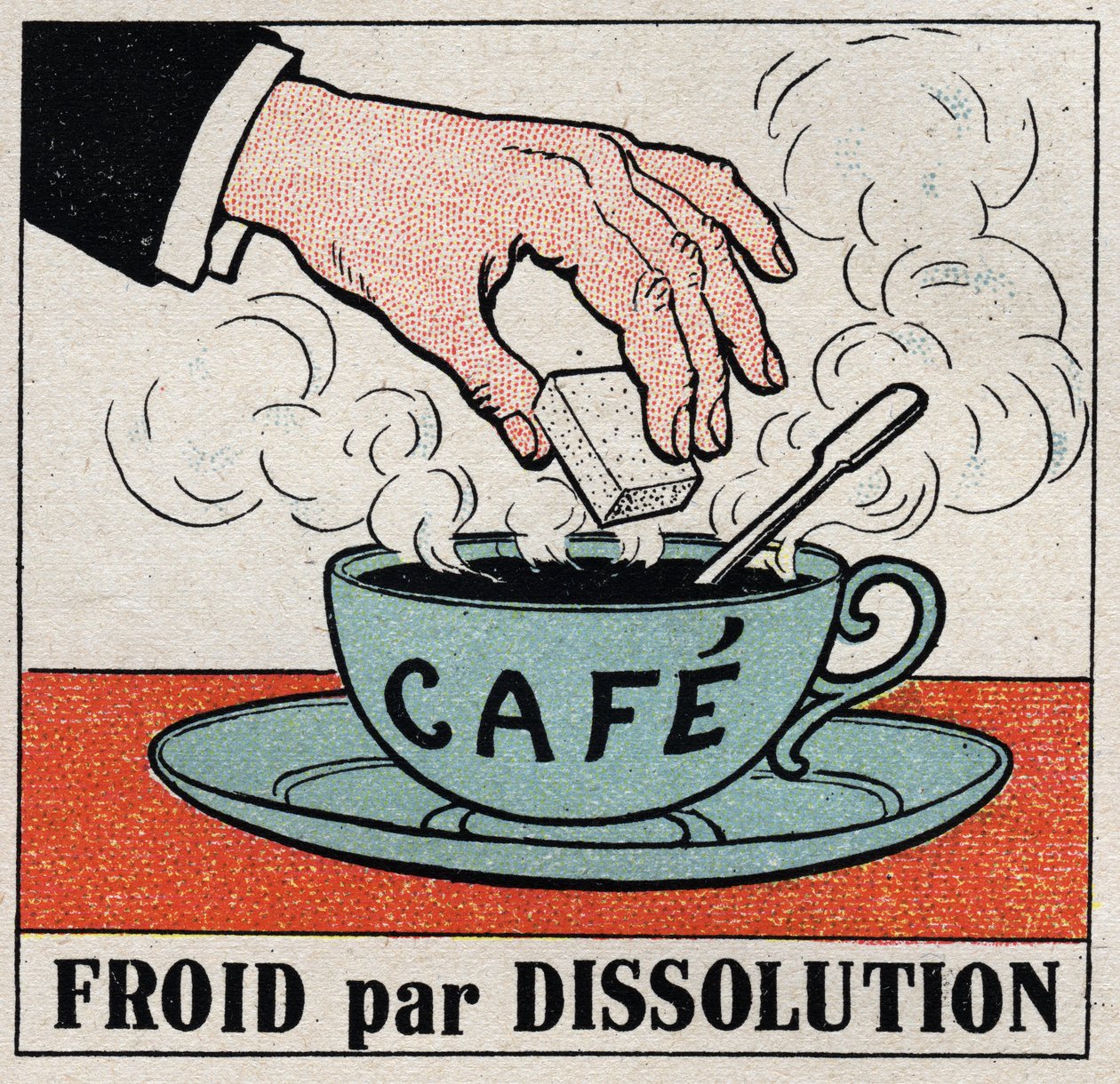 De koude industrie: koude door oplossing. Een suiker in een kop hete koffie doen maakt de koffie koud. Anonieme illustratie uit 1925. Privécollectie door Anonymous Anonymous