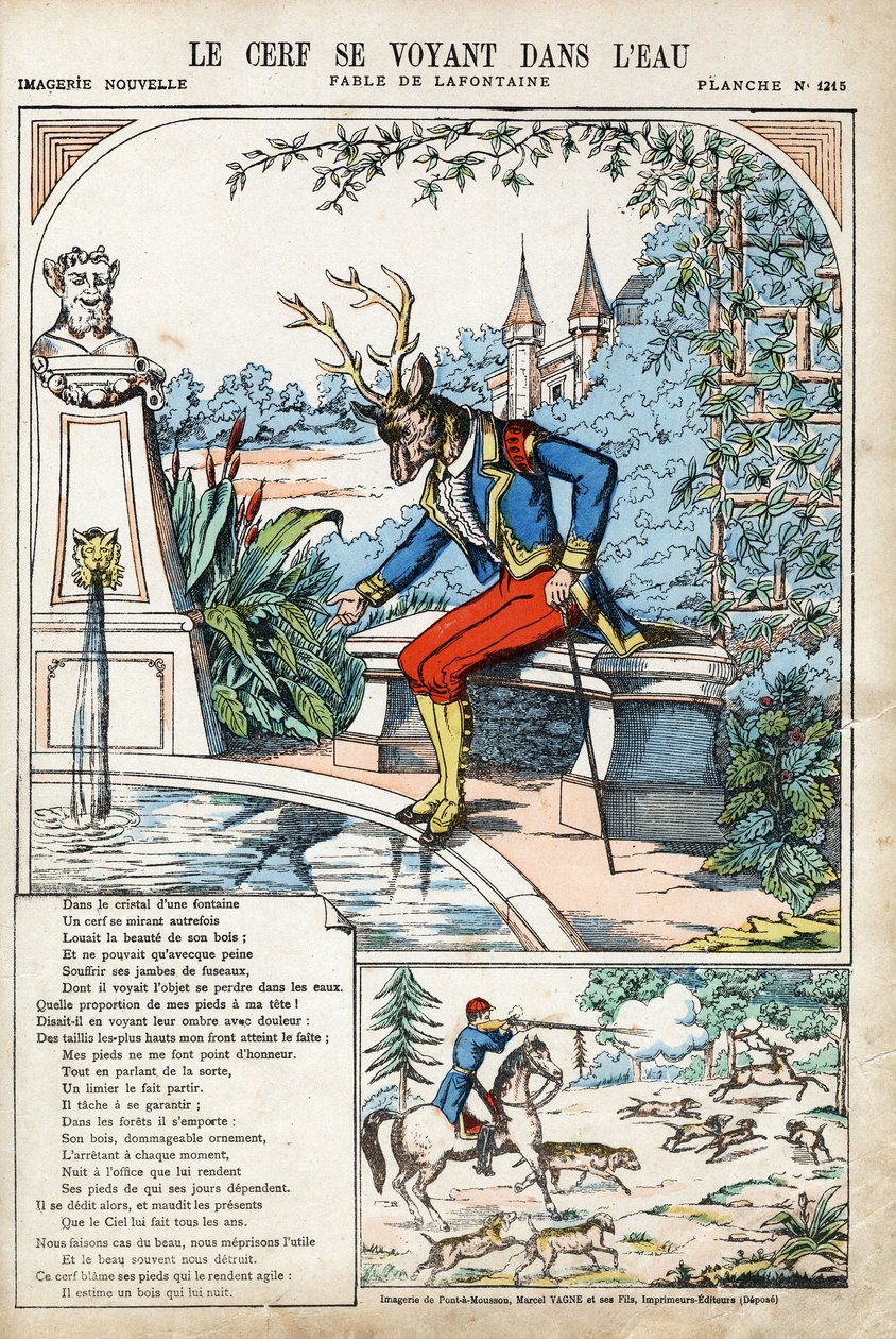 Het hert dat zichzelf in het water ziet. Anonieme illustratie voor Les Fables door Jean de La Fontaine (Lafontaine) (1621-1695). Beeldvorming van Pont-a-Mousson, circa 1880. Privécollectie. door Anonymous Anonymous