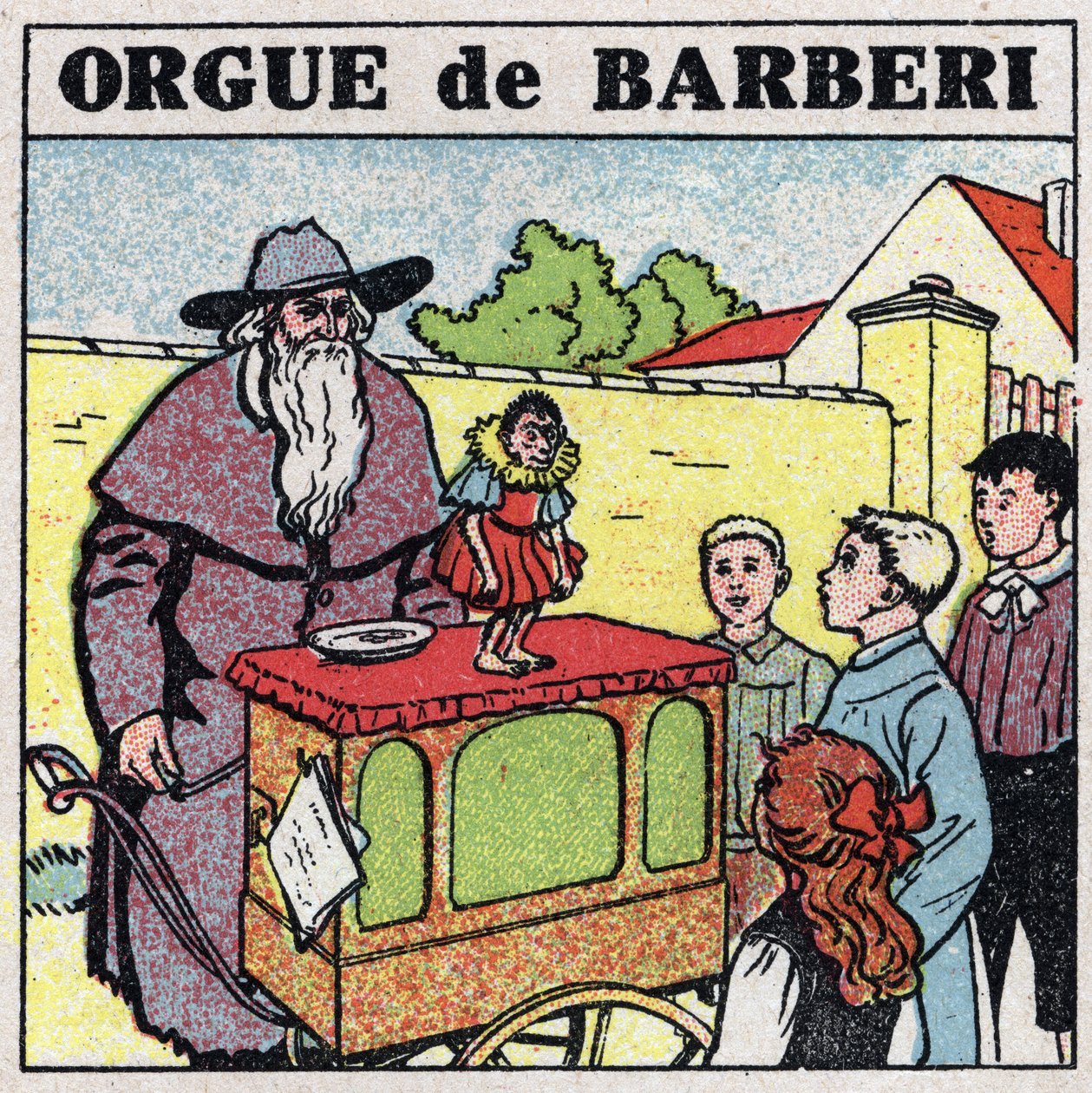 De effecten van muziek: een stekelige orgelspeler en een aap vermaken kinderen op straat. Anonieme illustratie uit 1925. Privécollectie. door Anonymous Anonymous