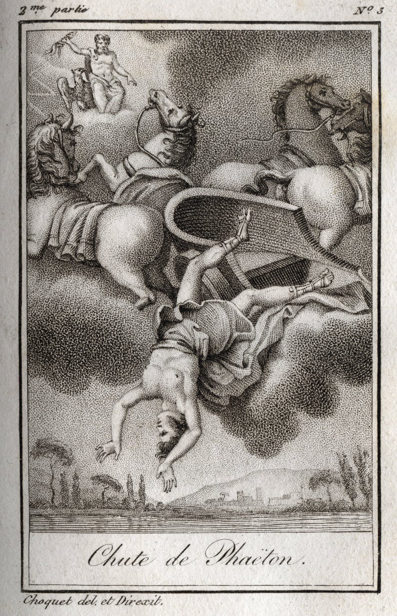 De val van Phaëton, niet in staat om de wagen van Helios te beheersen, werd getroffen door Zeus en viel in de Eridanus-rivier. Gravure uit 1819 in 