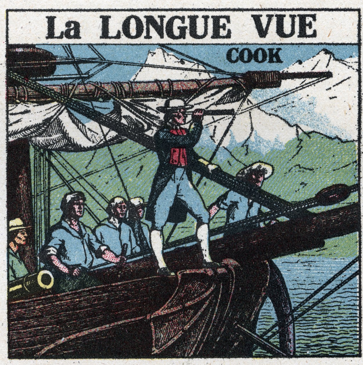 De eerste optische instrumenten: Kapitein James Cook (1728-1779), aan de boeg van zijn boot, observeert de zuidelijke landen met een verrekijker door Anonymous Anonymous