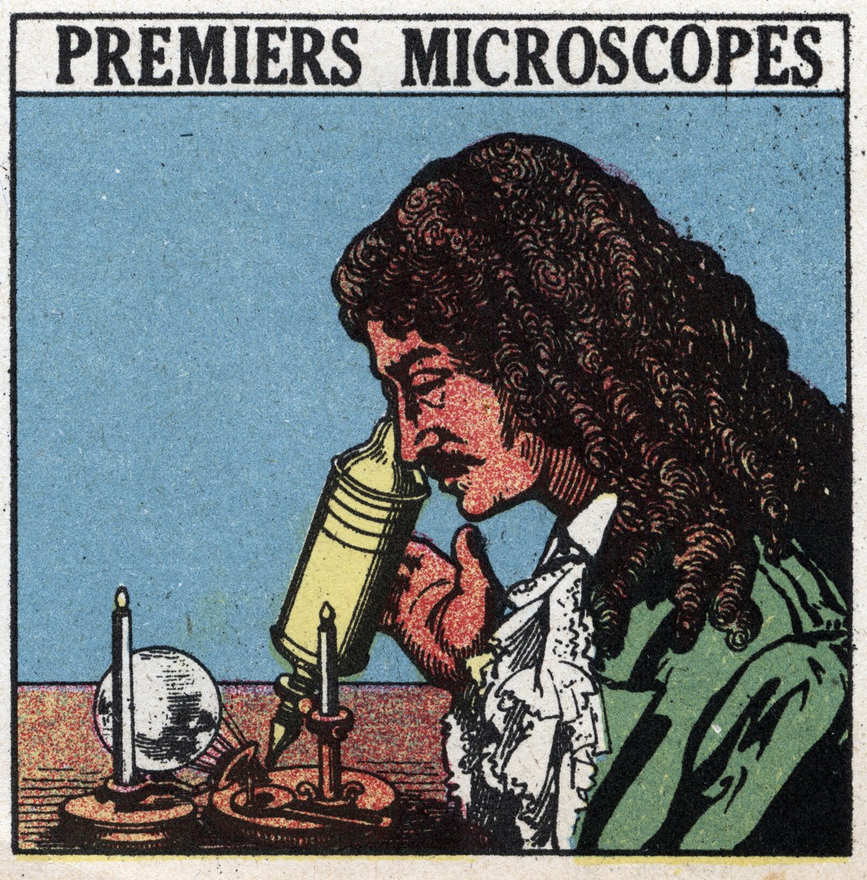 De eerste optische instrumenten: microscoop gebruikt in de tijd van Christiaan Huygens (Huyghens) (1629-1695). Anonieme illustratie uit 1925. Privécollectie. door Anonymous Anonymous