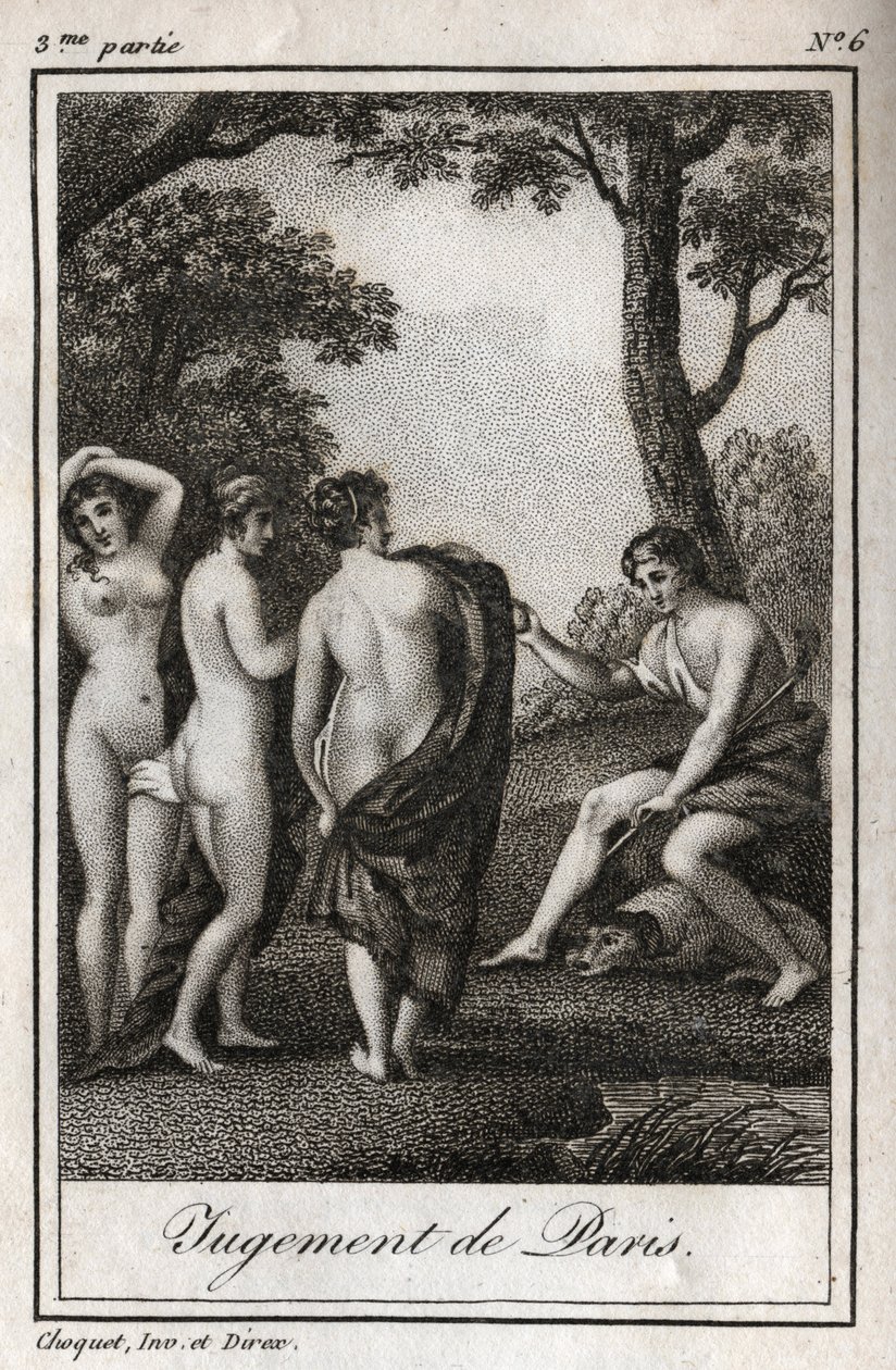 Het oordeel van Paris. De herder Paris moet kiezen aan wie hij de gouden appel zal geven om de mooiste van de drie godinnen, Athena, Aphrodite of Hera, aan te wijzen. Gravure uit 1819 in 