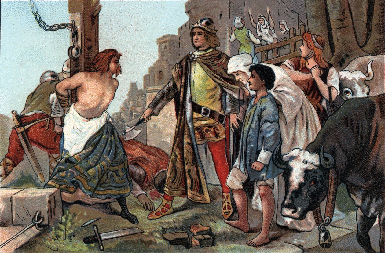 De rechtvaardigheid van Boudewijn VII (1092-1119), graaf van Vlaanderen bijgenaamd de bijl. Reclamechromolithografie van Antoine-chocolade in Brussel, begin 20e eeuw. Privécollectie door Anonymous Anonymous